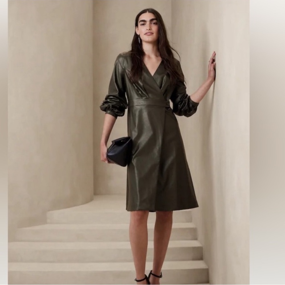 Banana Republic Olive Vegan Leather Wrap Dress